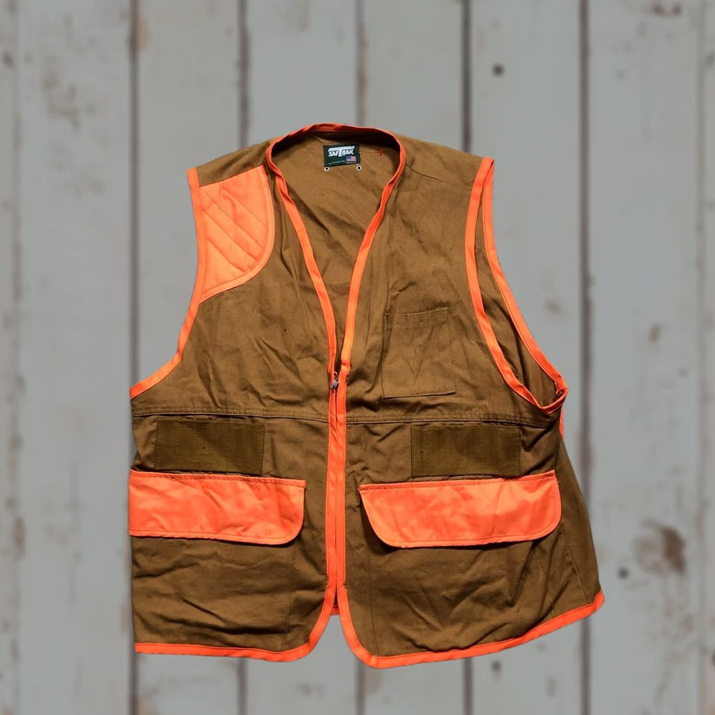 Vintage VINTAGE Saf-T-Bak Hunting Vest Mens XL Brown Blaze Orange Upland Game Bag USA Vest Size 46R - 1 Thumbnail
