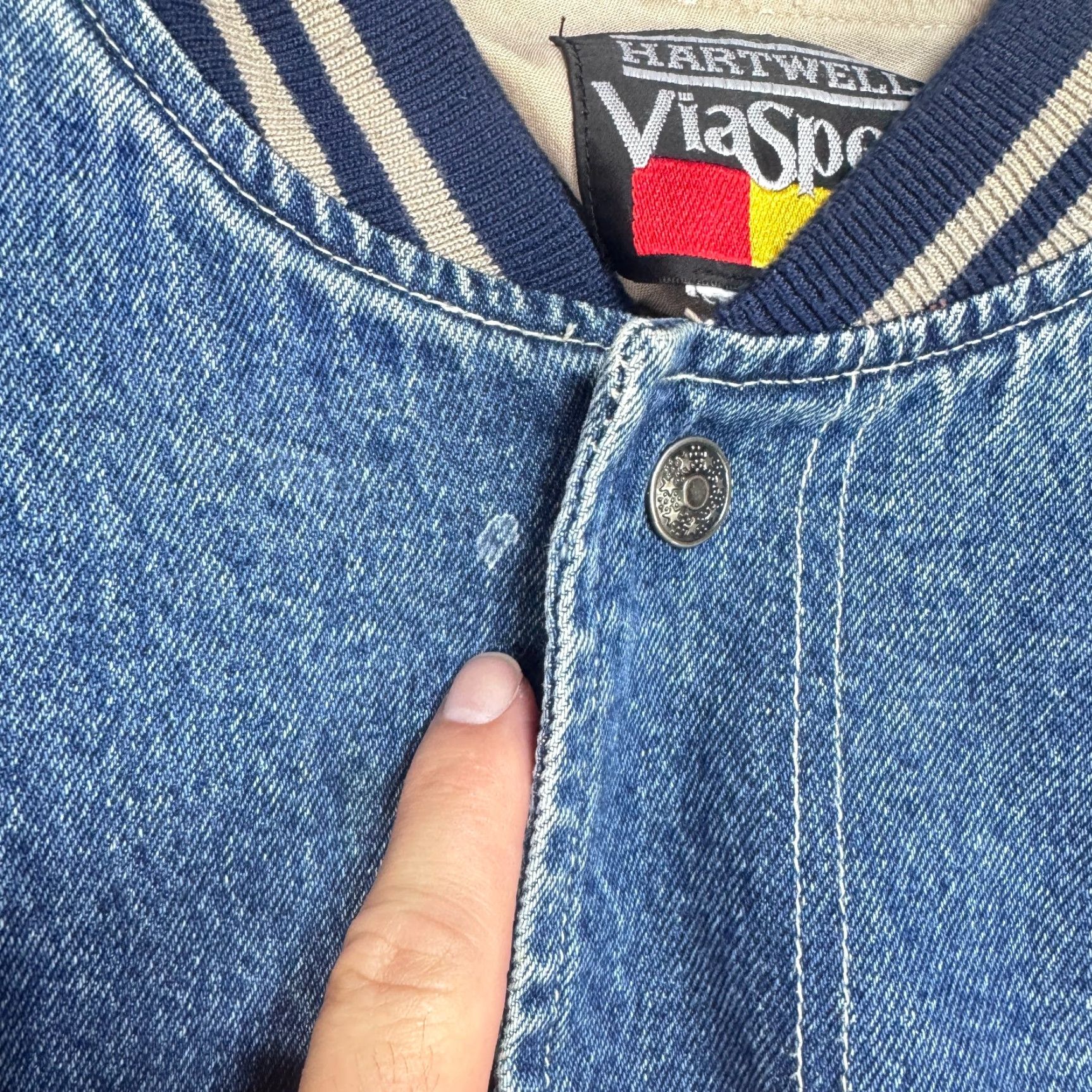 Denime VINTAGE NHRA Hartwell ViaSport Denim Varsity Jacket Blue Beige Men's Large Regular Size Mid-Length Jacket Size US L / EU 52-54 / 3 - 5 Thumbnail