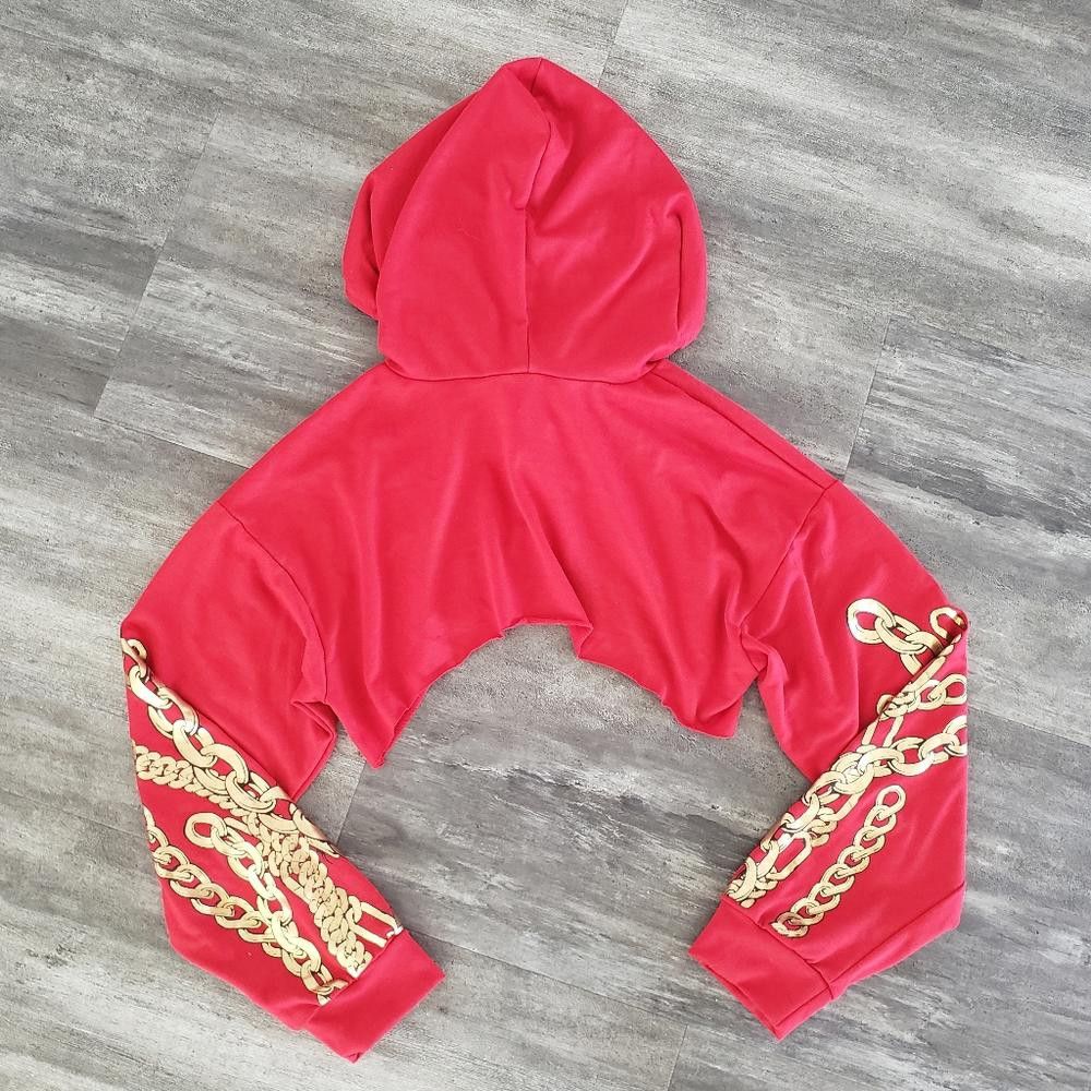 Designer Red Gold Chained Cropped Hoodie Long Sleeve Size S / US 4 / IT 40 - 2 Thumbnail