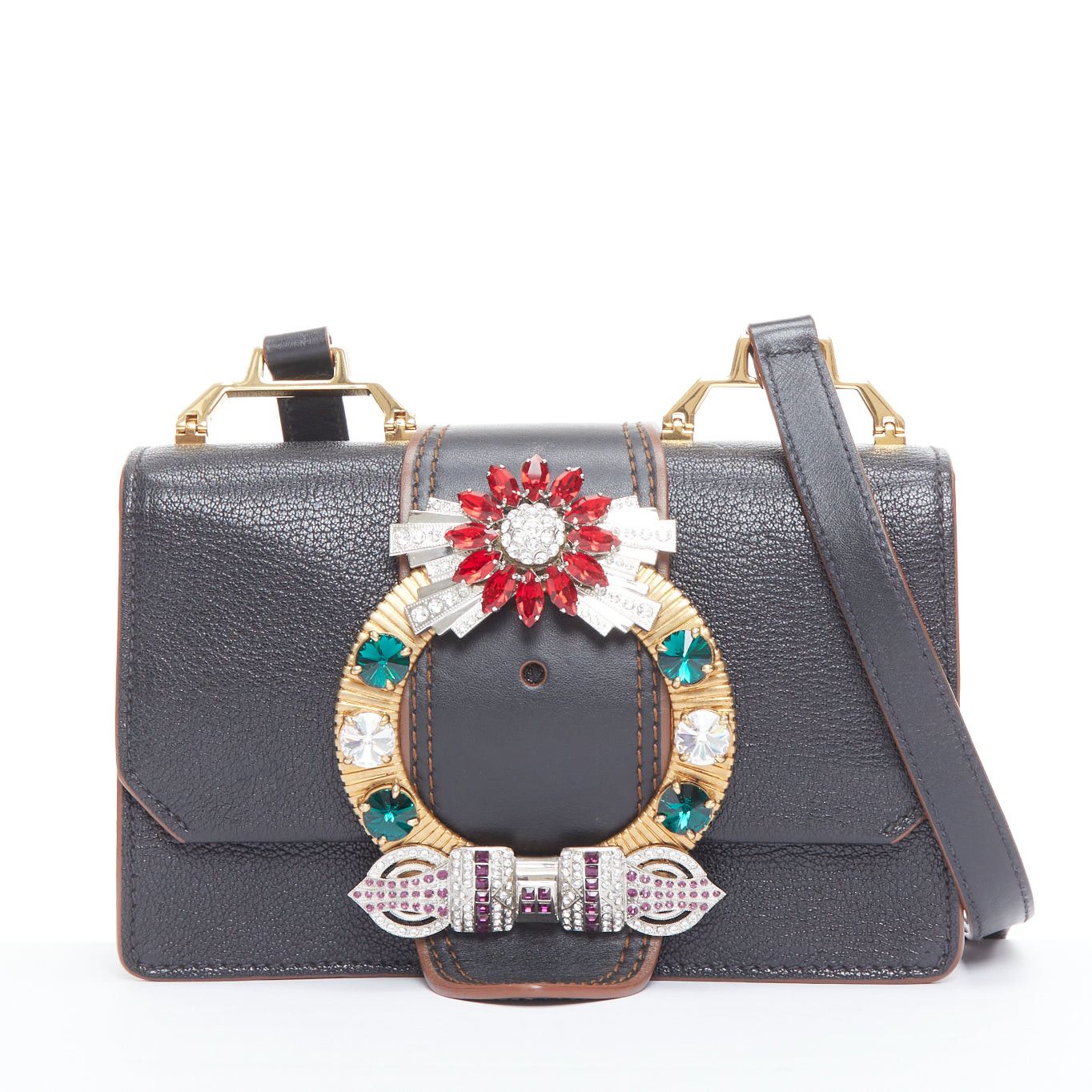 MIU MIU Lady black leather colorful rhinestone buckle flap