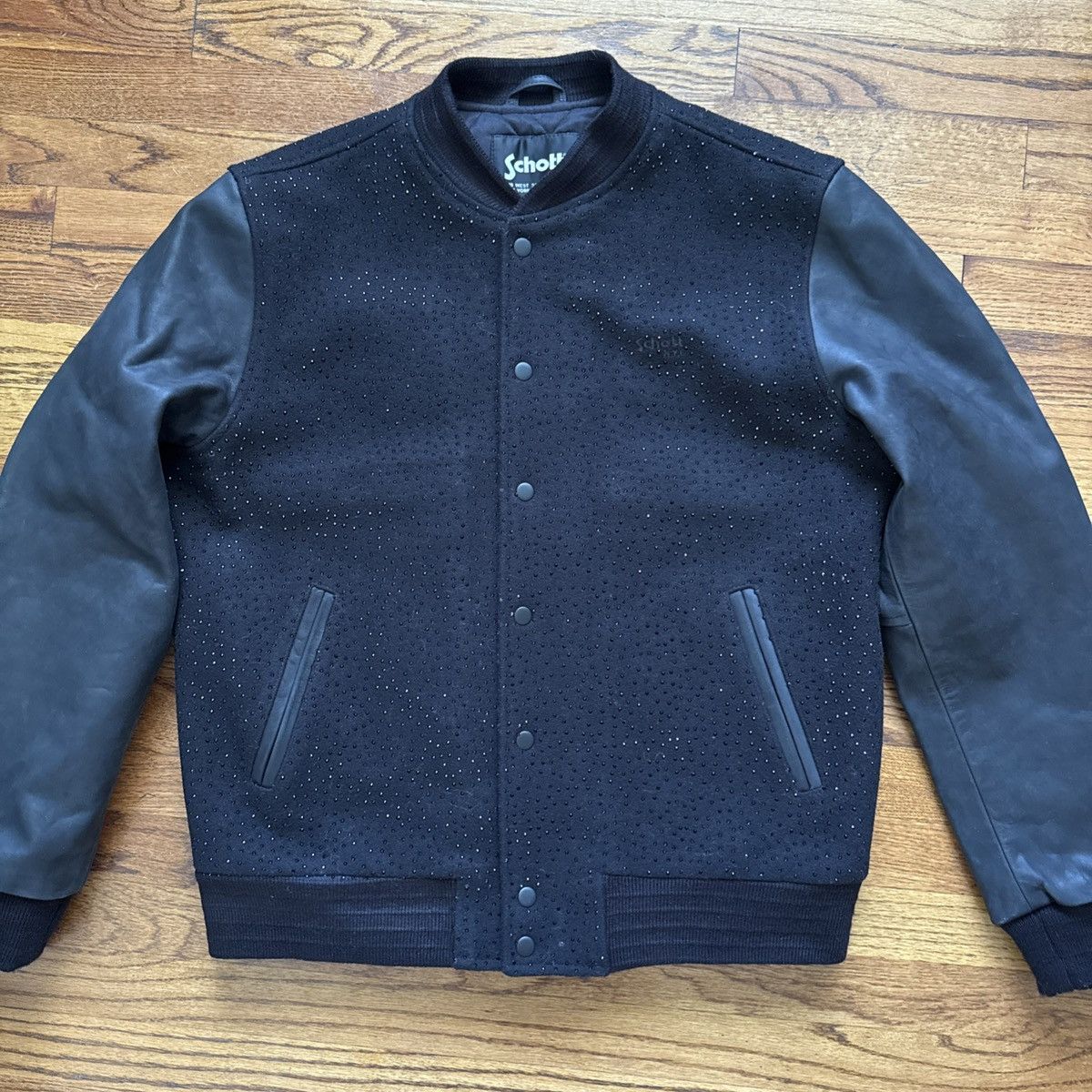 Schott ELIANTTE Custom SCHOTT LEATHER SLEEVED VARSITY JACKET BLACK Size US XL / EU 56 / 4 - 2 Thumbnail