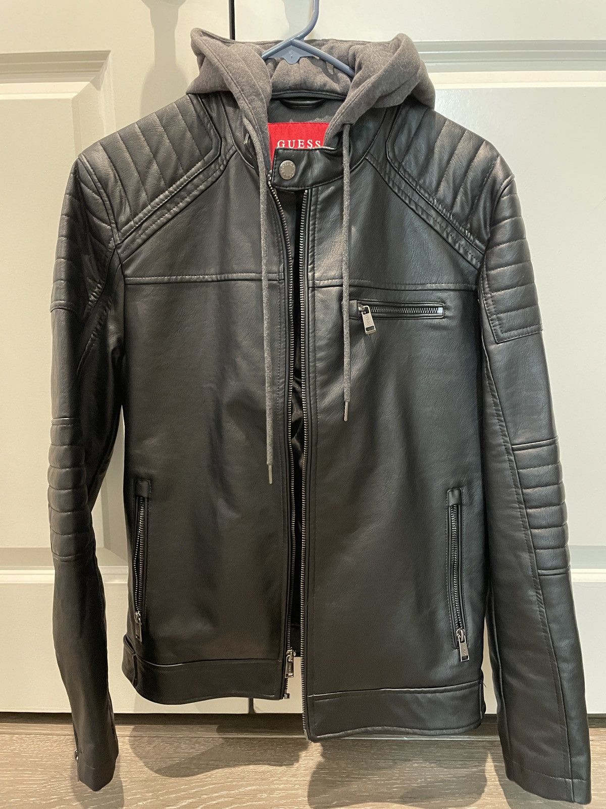 Guess Men’s black leather jacket with detachable hood Size US S / EU 44-46 / 1 - 3 Thumbnail