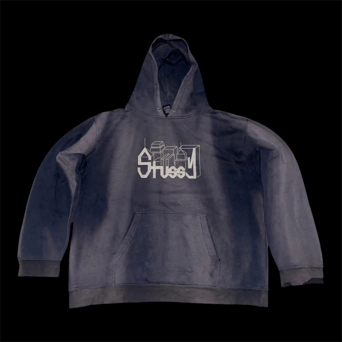 Stussy Vintage Stüssy "Skyline" Logo Hoodie SunFaded Black Thrashed Size US XL / EU 56 / 4 - 1 Thumbnail