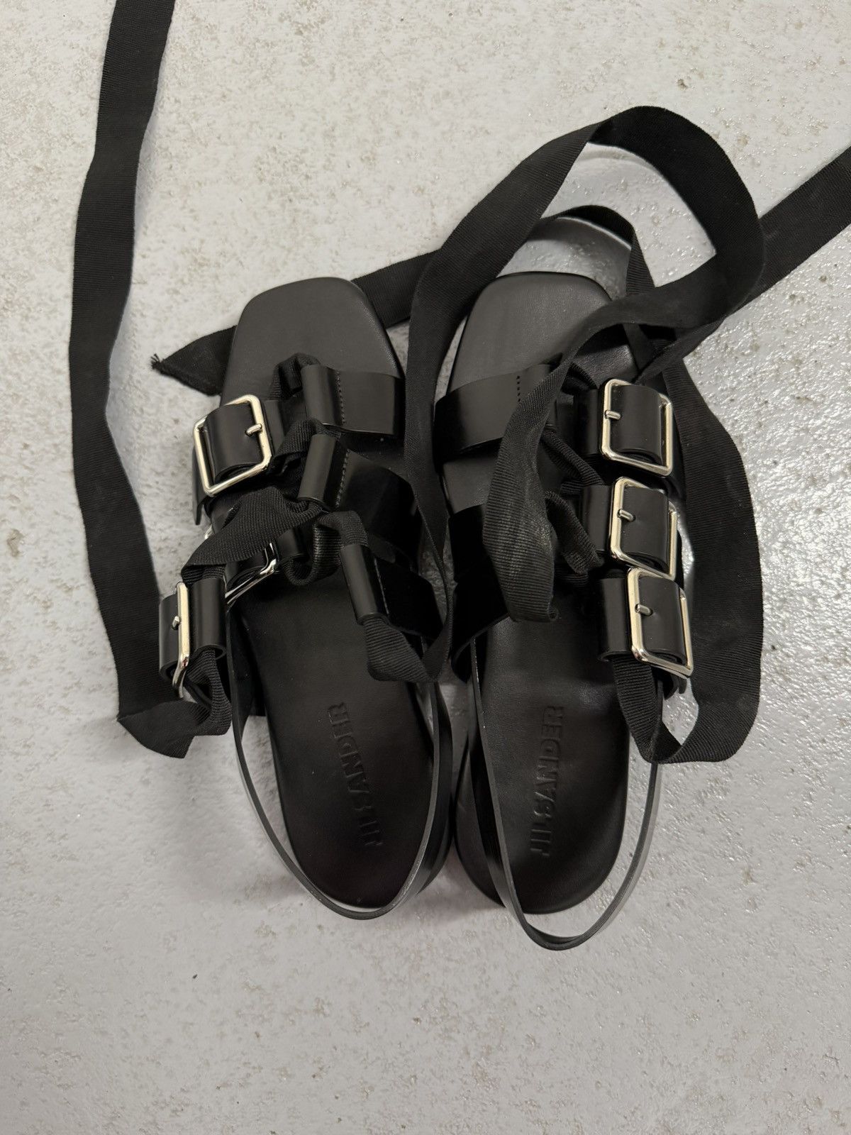 Jil Sander Jil Sander Black Leather Buckle Sandals With Ribbon Size US 8 / IT 38 - 9 Thumbnail