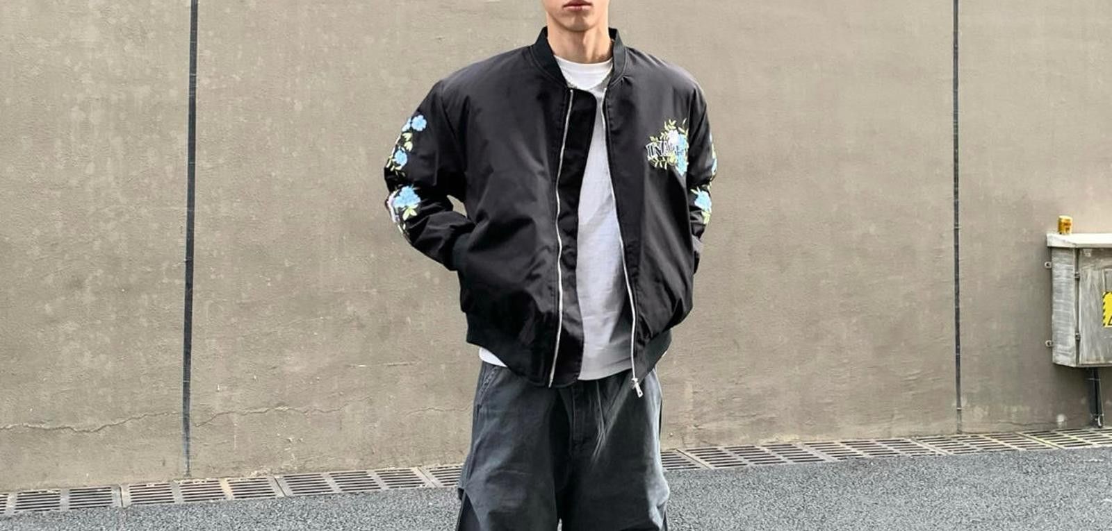 Black Bomber Jacket with Floral Splash Print