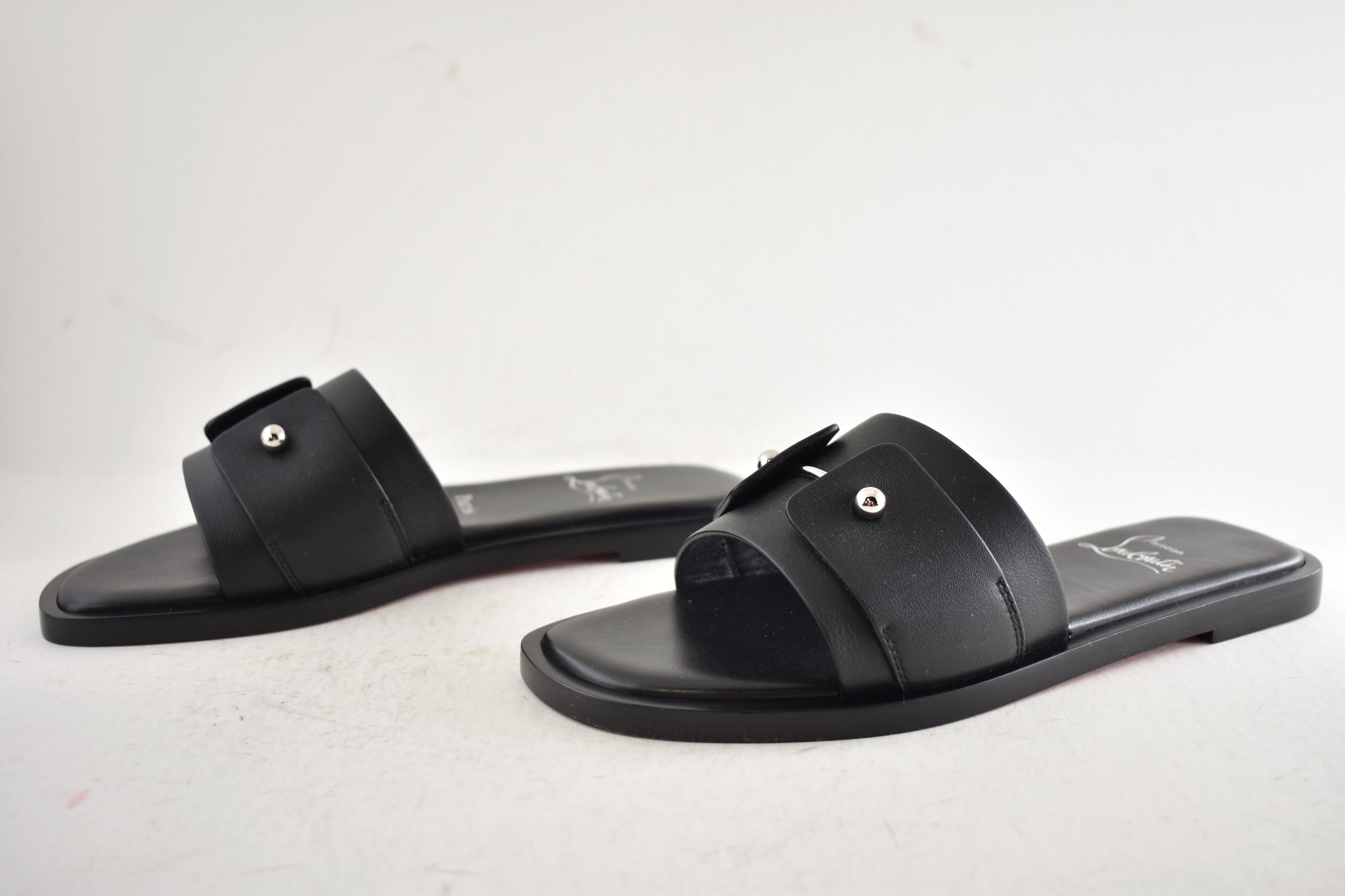 Christian Louboutin Chambelimule Donna Flat Black Calf Leather Slide Sandal 35 Size US 5 / IT 35 - 13 Thumbnail