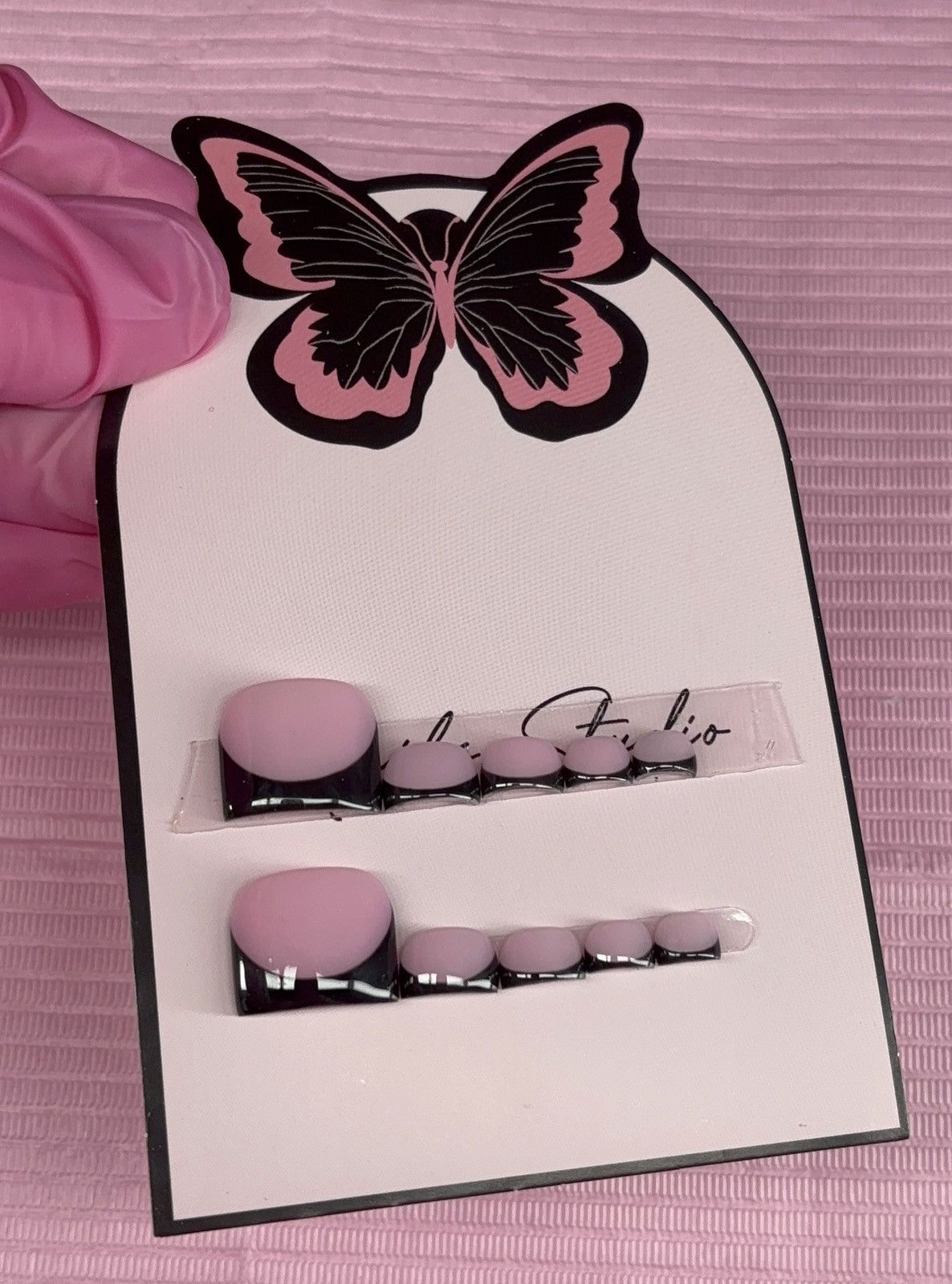 Handmade press on toenails pink nude black French tips handmade gel Size ONE SIZE - 13 Thumbnail