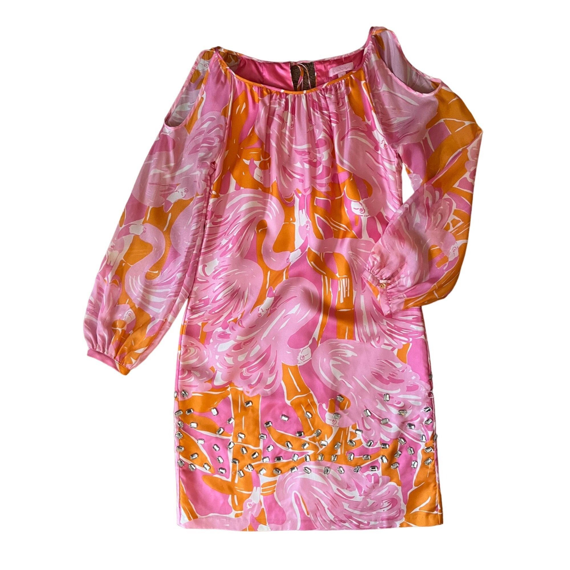 image of $368 Lilly Pulitzer 6 Silk Chauncey Dress Flamingo Fan Dance in Orange, Women's (Size Medium)