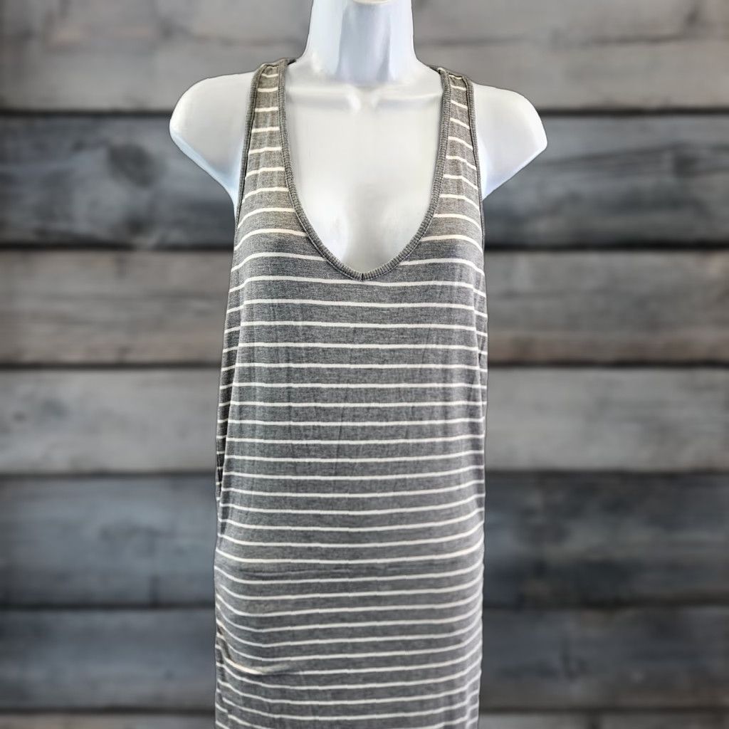 Athleta Athleta Womens Tank Dress Sz S Gray White Stripe Ruched Racerback Midi Dress Sleeveless Casual Size S / US 4 / IT 40 - 1 Thumbnail