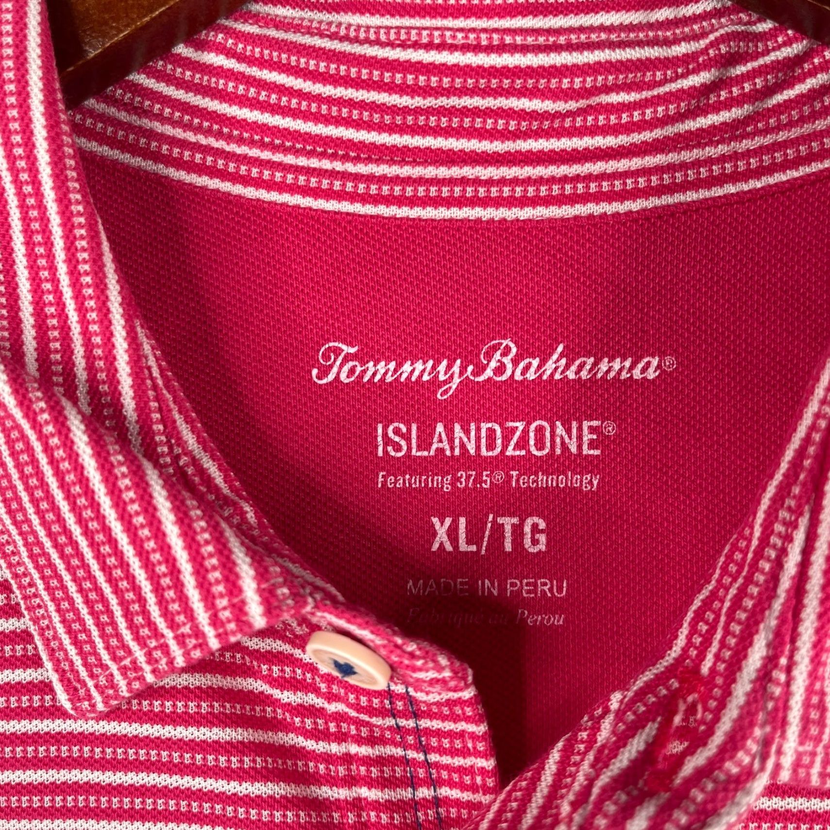 Tommy Bahama Tommy Bahama Island Zone Polo Shirt XL Pink White Striped Knit Mens Regular Fit Short Sleeve Collared Button Machine Washable Size US XL / EU 56 / 4 - 5 Thumbnail
