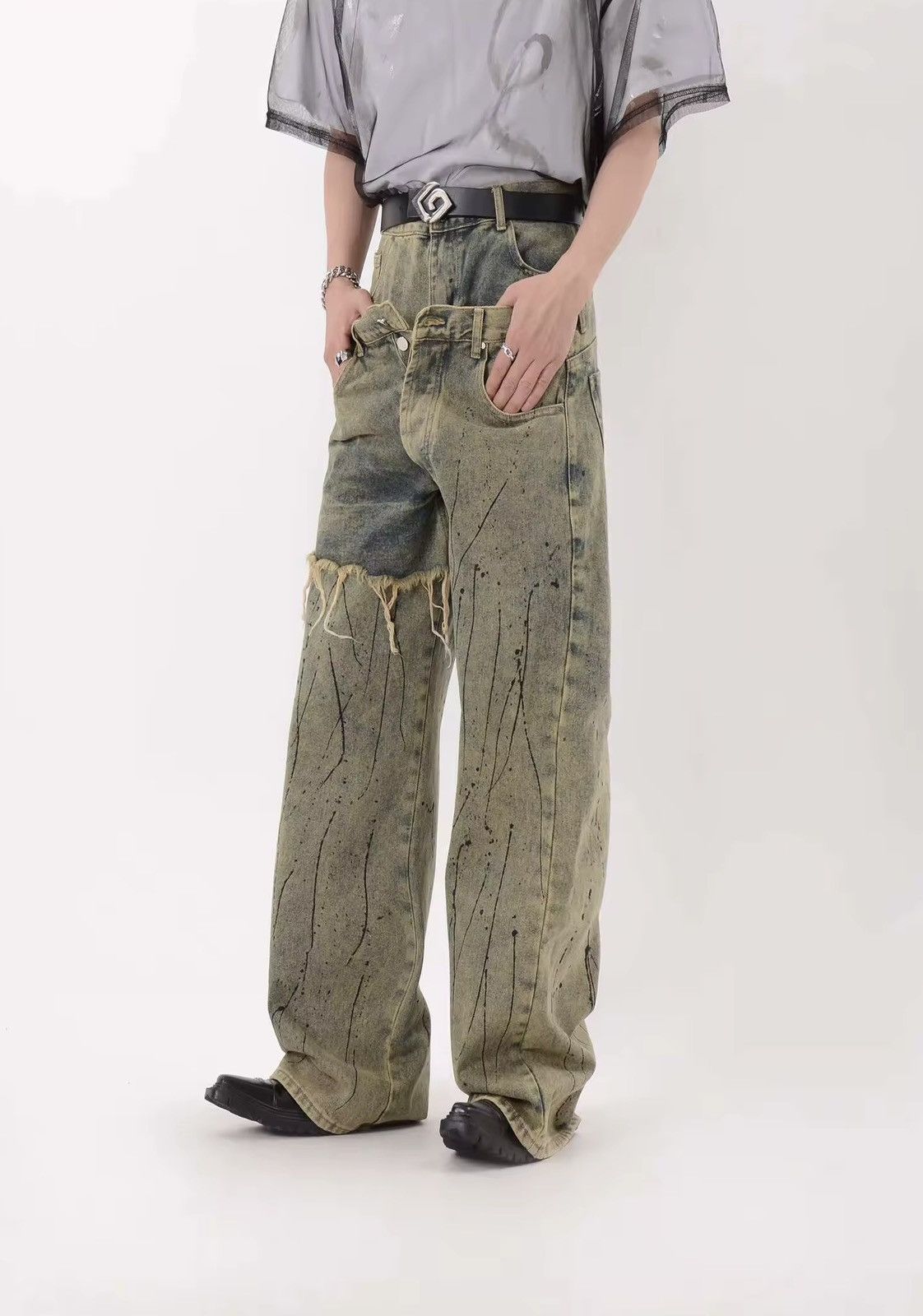 Designer × Vintage Asymmetric Design Loose Distressed Baggy Pants Jeans Size US 34 / EU 50 - 4 Thumbnail