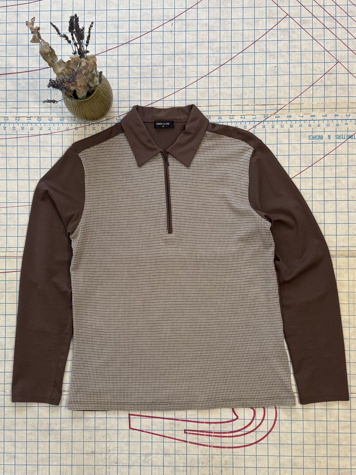 Comme Ca Ism Houndstooth Long Sleeve Polo Shirt Mens Medium