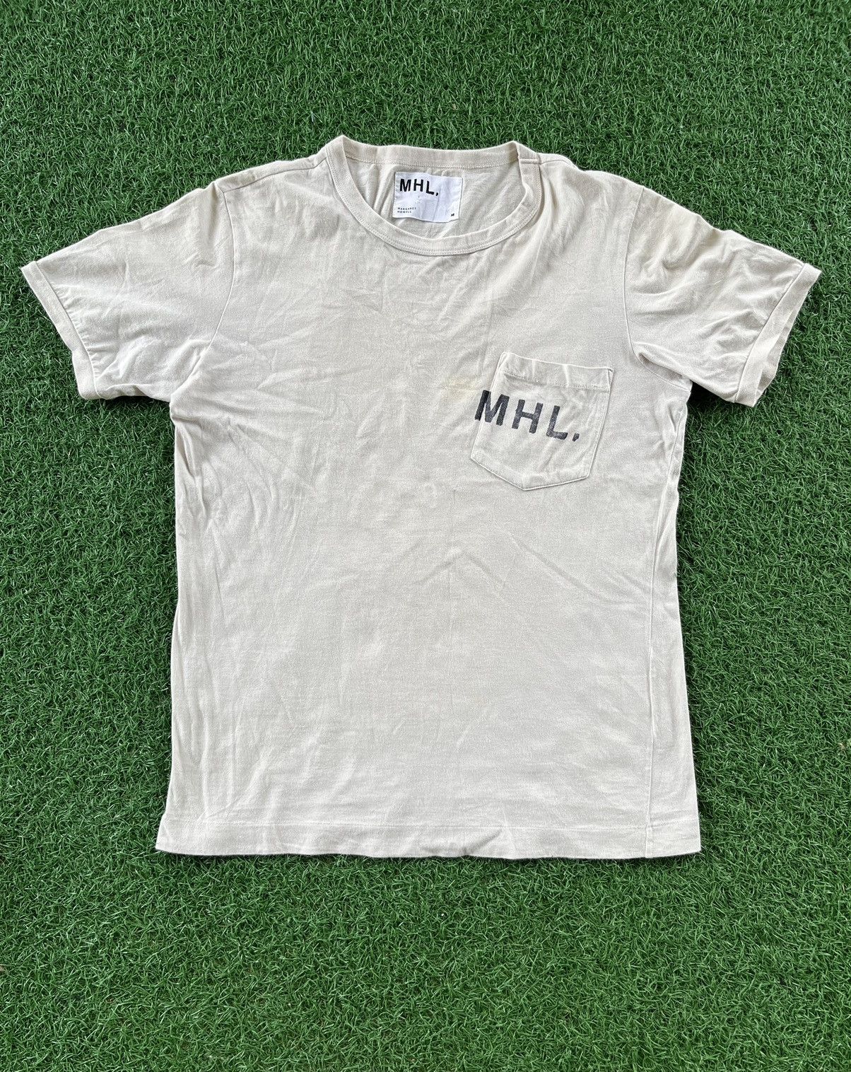 image of Margaret Howell Mhl. Single Pocket Spell Out Tee Ringer in Cream, Men's (Size Medium)