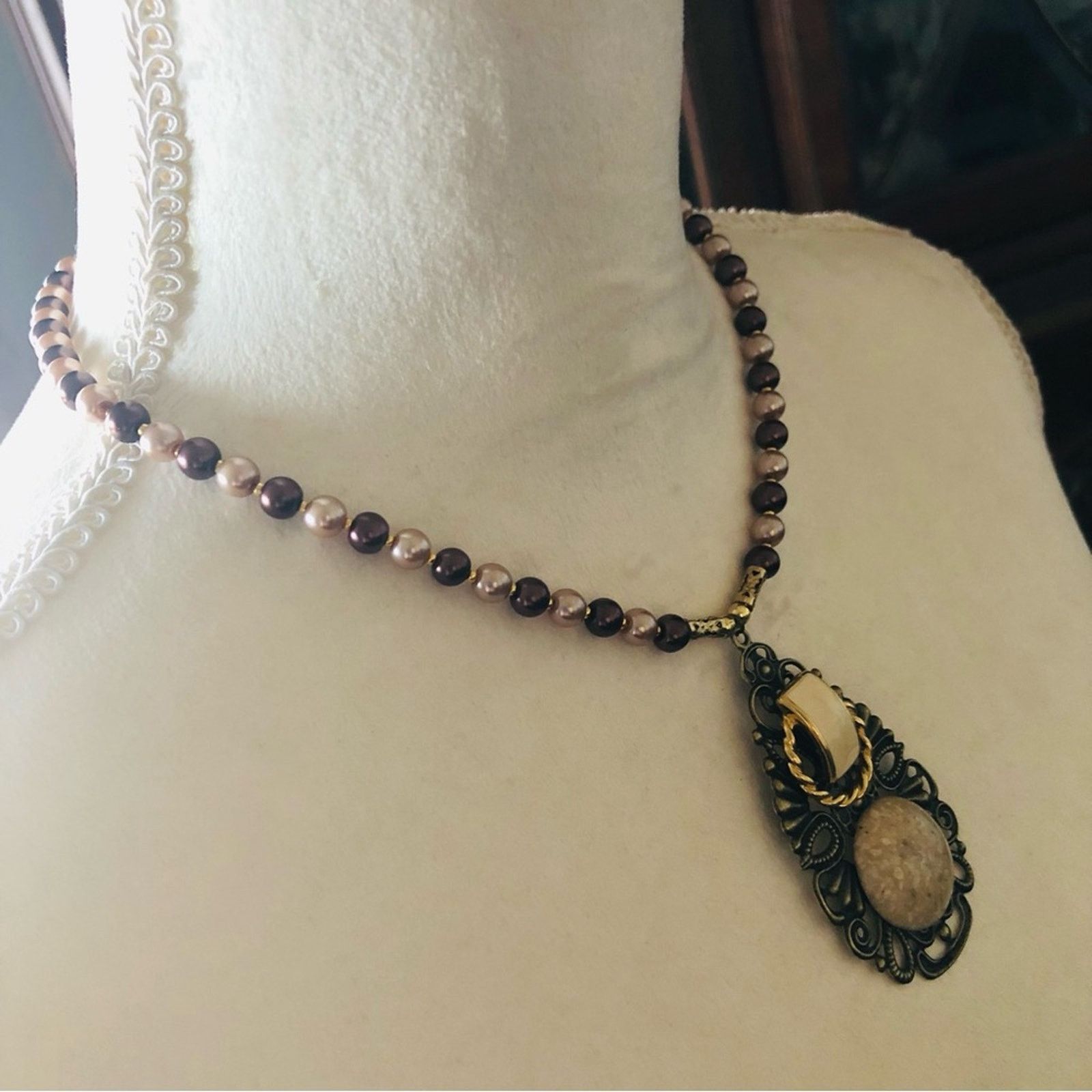 Handmade Handcrafted repurpose filigree pendant Czech Pearl necklace Size ONE SIZE - 4 Thumbnail