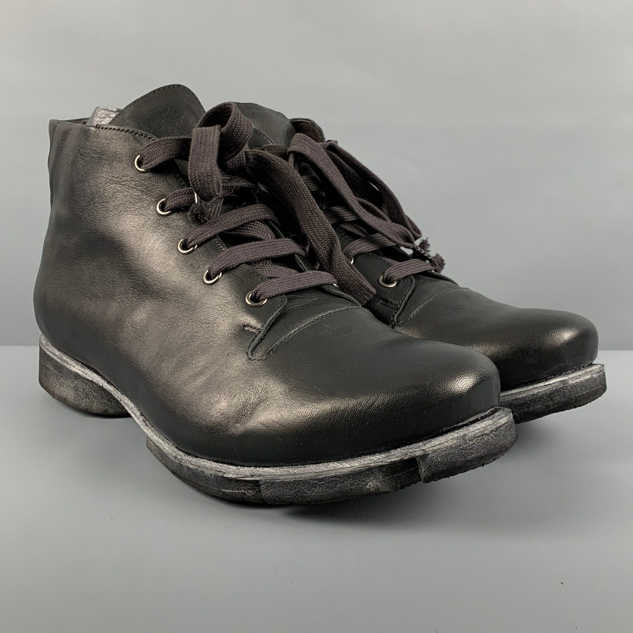 image of Devoa Black Solid Leather Lace Up & Zipper Boots, Men's (Size 10)