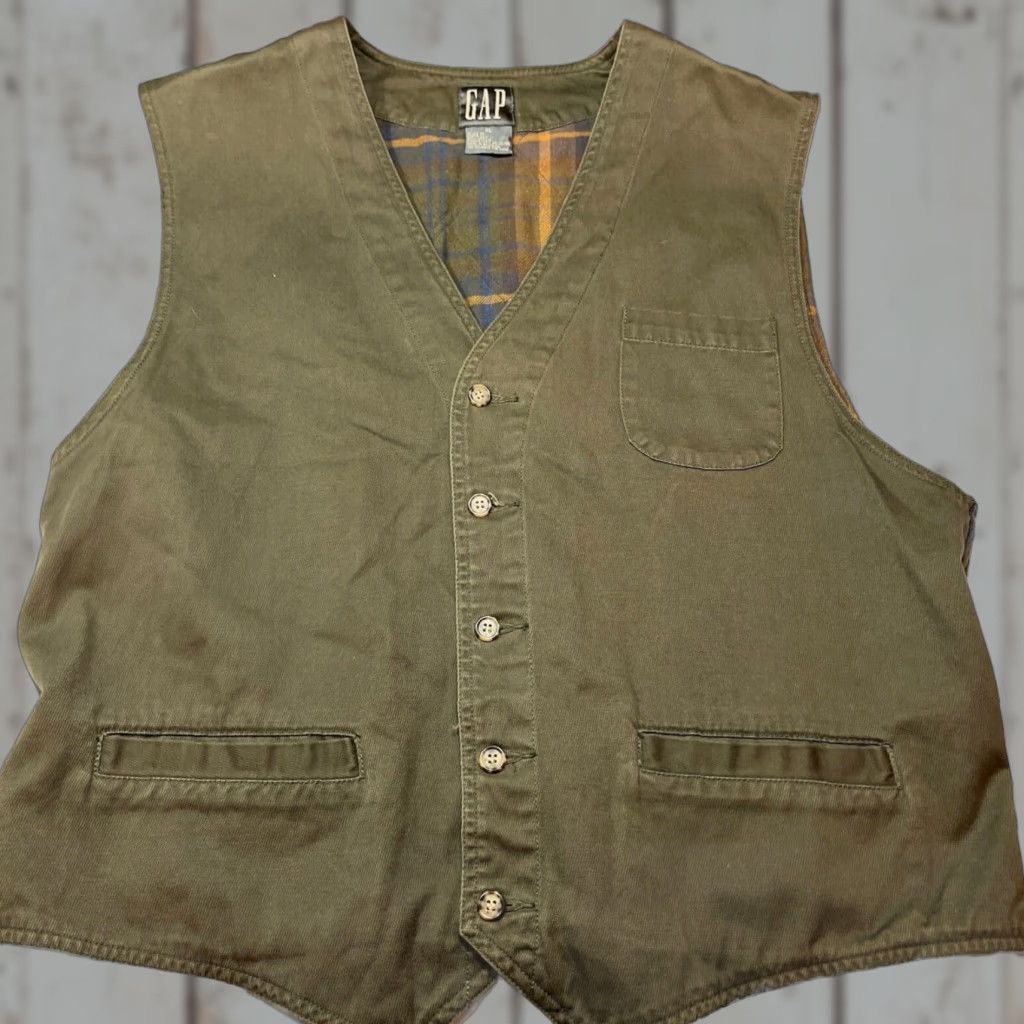 Gap VINTAGE Gap Vest 90s Plaid Flannel Lined Army Green Canvas Men XL Cotton Back Strap Lined Waistcoat Size US XL / EU 56 / 4 - 1 Thumbnail