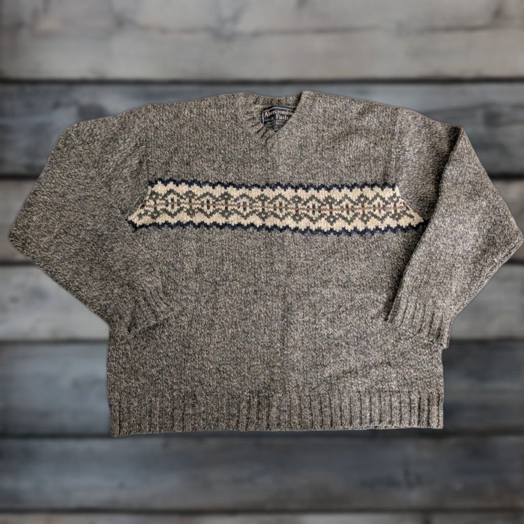 Abercrombie & Fitch VINTAGE Abercrombie & Fitch Mens Heavy Sweater XL Wool V-Neck Fair Isle Donegal Pullover Beige 90s Retro Holiday Winter Knit-Style Pullover Mens Size US XL / EU 56 / 4 - 1 Thumbnail