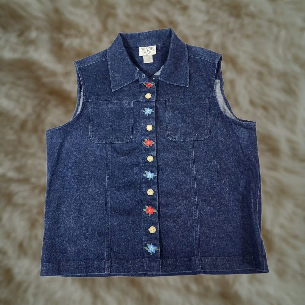 Denime VINTAGE Cervelle Denim Vest Womens Floral Embroidered Button Medium L Blue 90s Size L / US 10 / IT 46 - 1 Thumbnail