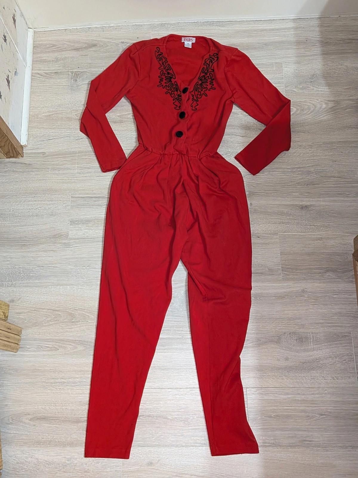 Faded Glory VTG 80s FADS Red Jumpsuit W/ Black Soutache Embroidery Sz M Size 32" / US 10 / IT 46 - 1 Thumbnail