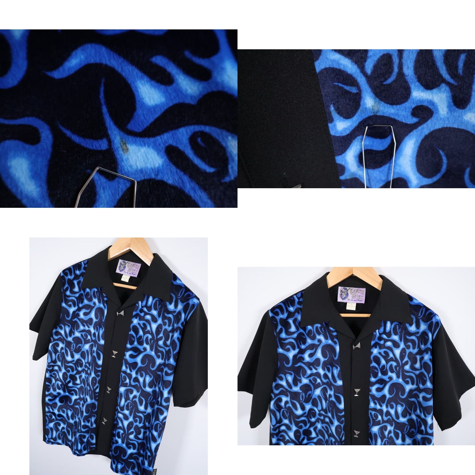 Velour VINTAGE Casino Wear Shirt Men's Large Black Blue Flame Velour Martini Buttons VTG Size US L / EU 52-54 / 3 - 8 Thumbnail