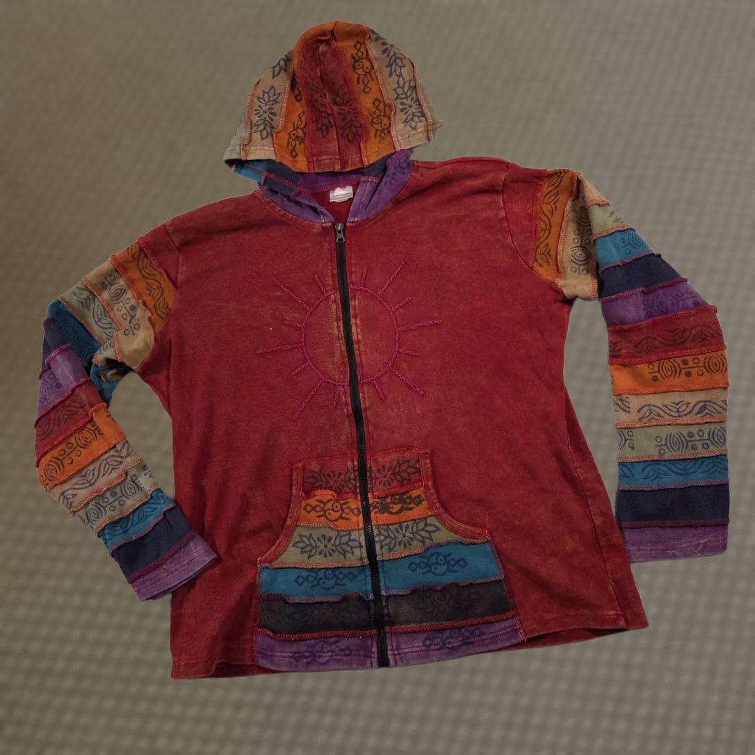 Vintage GreaterGood Network Hoodie Womens Large Red Patchwork Sun Zip Boho Hippie Multi Size L / US 10 / IT 46 - 1 Thumbnail
