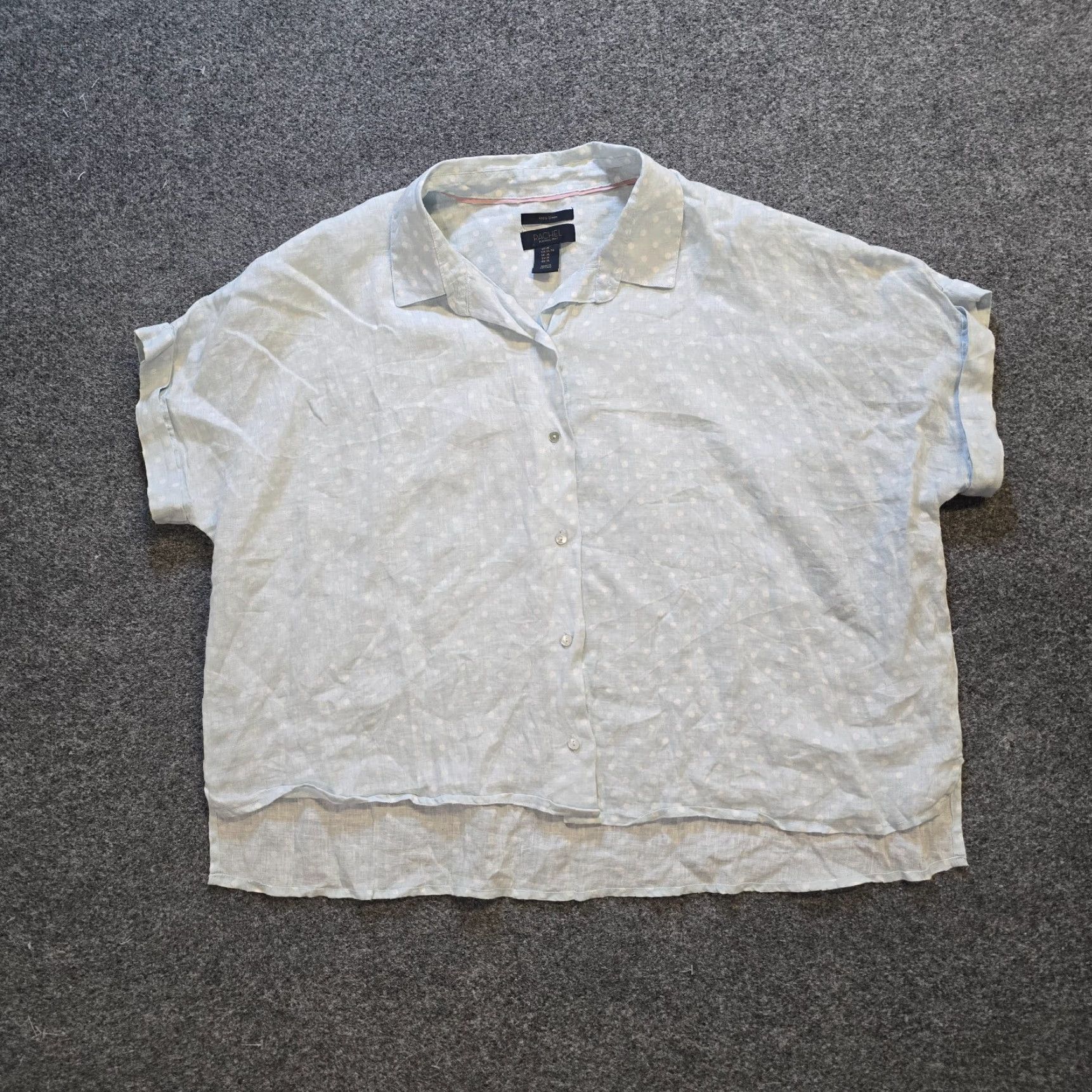 Rachel Zoe Rachel Zoe Top Womens Large Blue White Linen Polka Dot Button Casual Camp Short Sleeve Crew Neck Collared Size L / US 10 / IT 46 - 2 Thumbnail