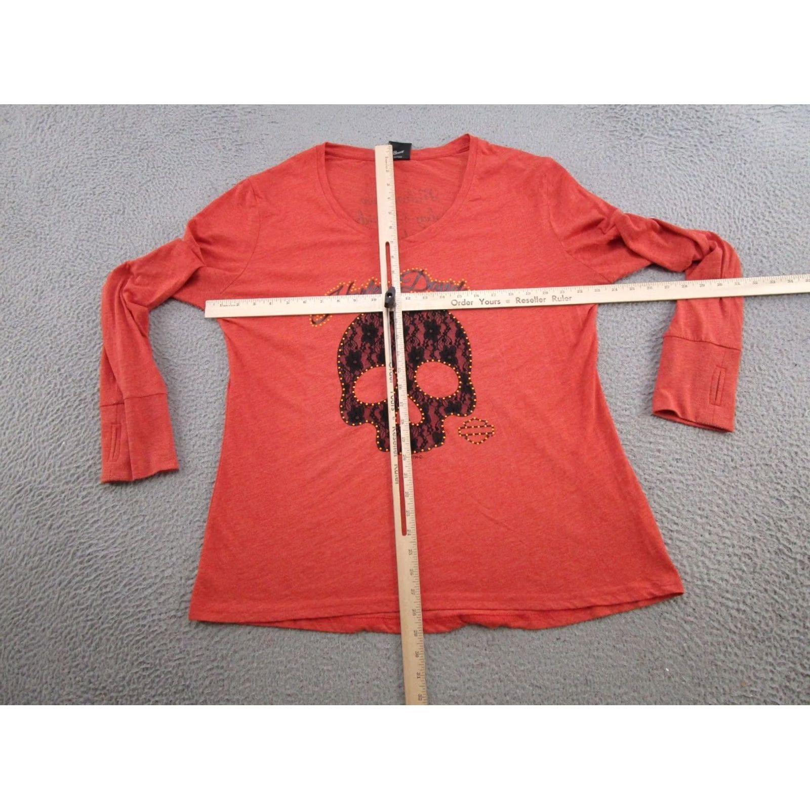 Harley Davidson Harley-Davidson Lace Skull Long Sleeve Thumbhole Shirt Womens XL Orange Biker Read Size XL / US 12-14 / IT 48-50 - 7 Thumbnail