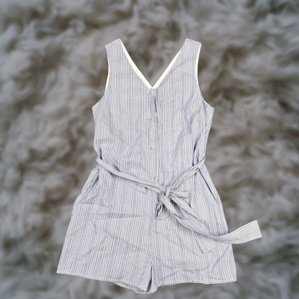 Vintage Andree By Unit Romper Womens Small Blue Striped Belted Lined Sleeveless V Neck Size 28" / US 6 / IT 42 - 1 Thumbnail