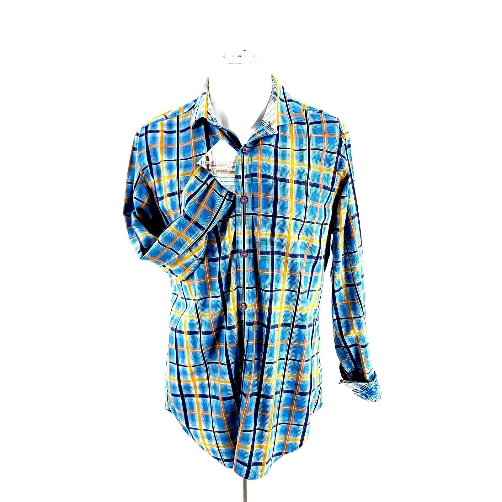 Designer Thomas Dean Small Blue Yellow Windowpane Flip Cuff Button Fr Size US S / EU 44-46 / 1 - 1 Thumbnail