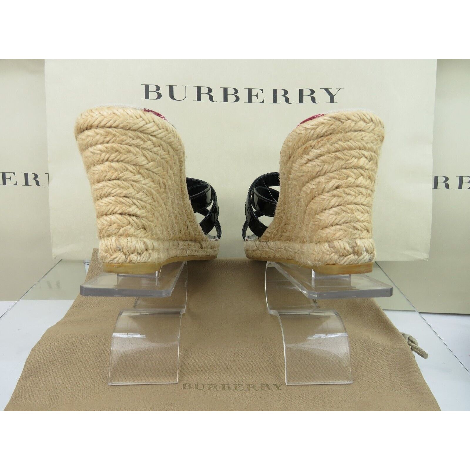 Burberry BURBERRY BLACK PATENT LEATHER CHECK ESPADRILLE SANDALS 40 Size US 10 / IT 40 - 8 Thumbnail