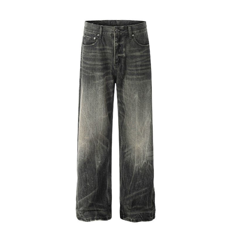 Retro distressed men's street loose casual lightning jeans