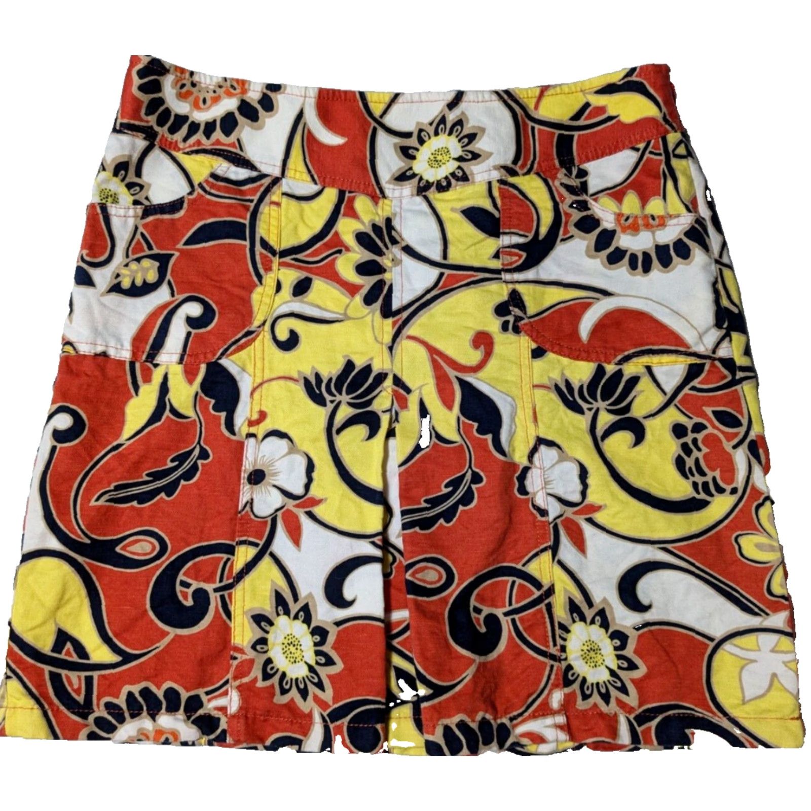 Ann Taylor ANN TAYLOR LINEN Blend Women Size 8 Orange Floral Skirt Short Pleated With Pockets Size 30" / US 8 / IT 44 - 2 Thumbnail