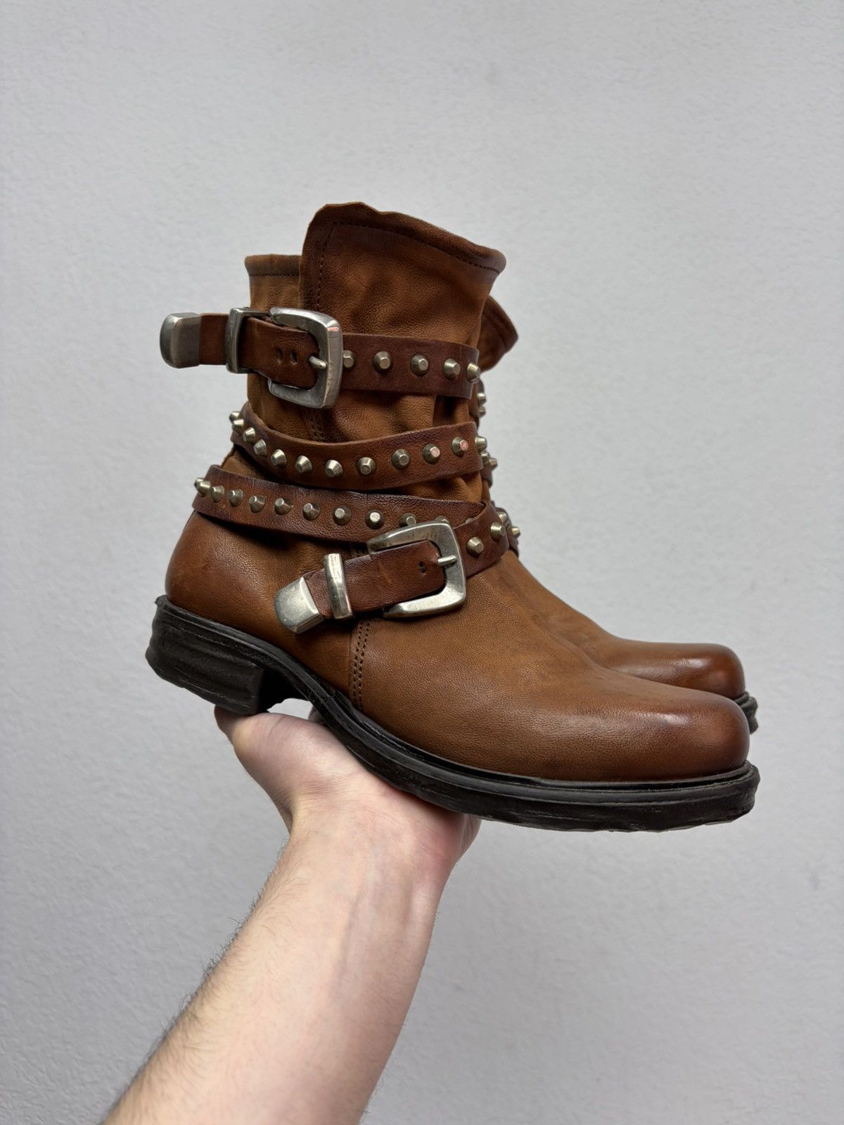 If Six Was Nine Brown Leather Studded Harness Boots Multi-Strap Biker Boots Size US 8 / IT 38 - 13 Thumbnail