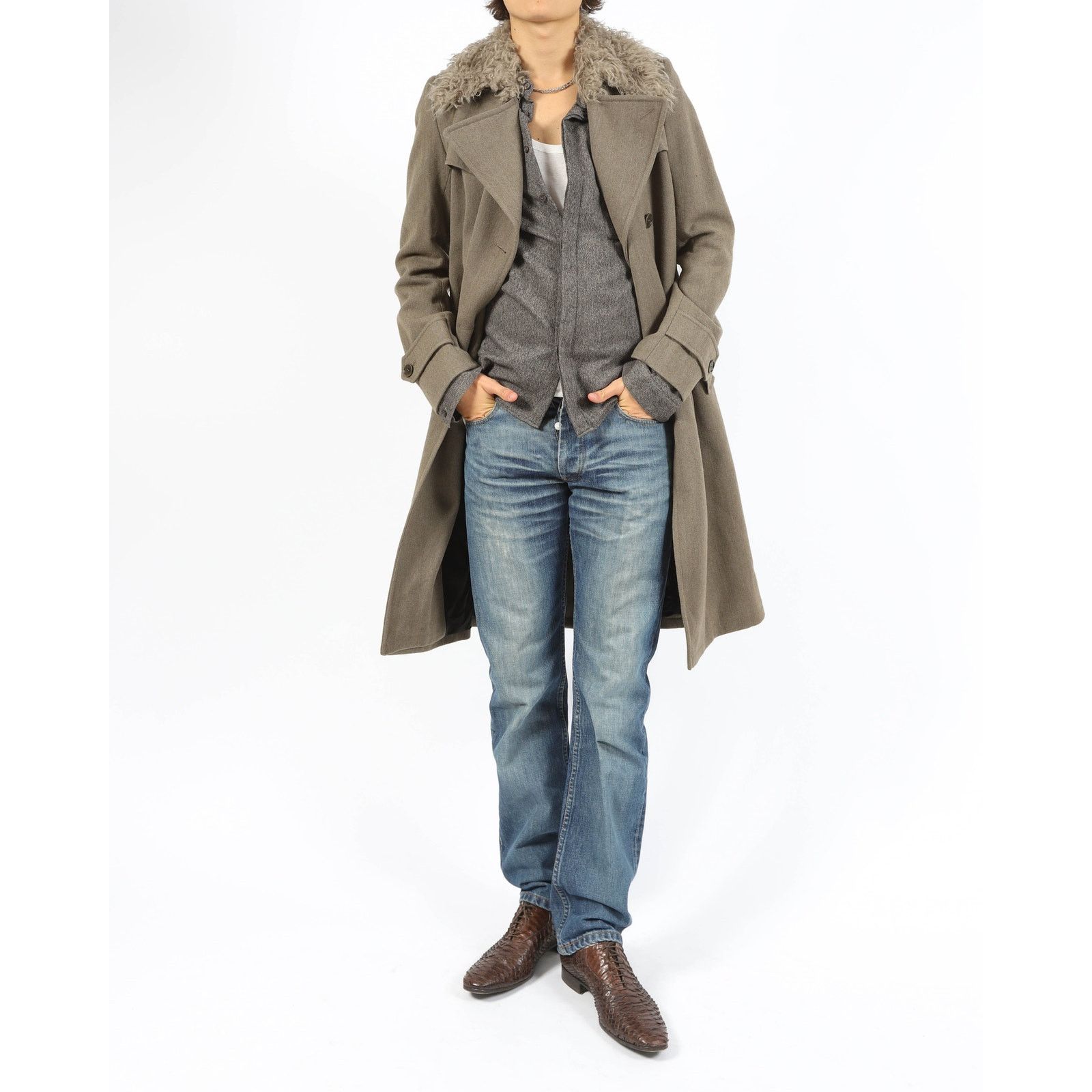 Dries Van Noten FW16 Faux Fur Collar Double Breasted Long Coat in Grey Wool Size US S / EU 44-46 / 1 - 4 Thumbnail