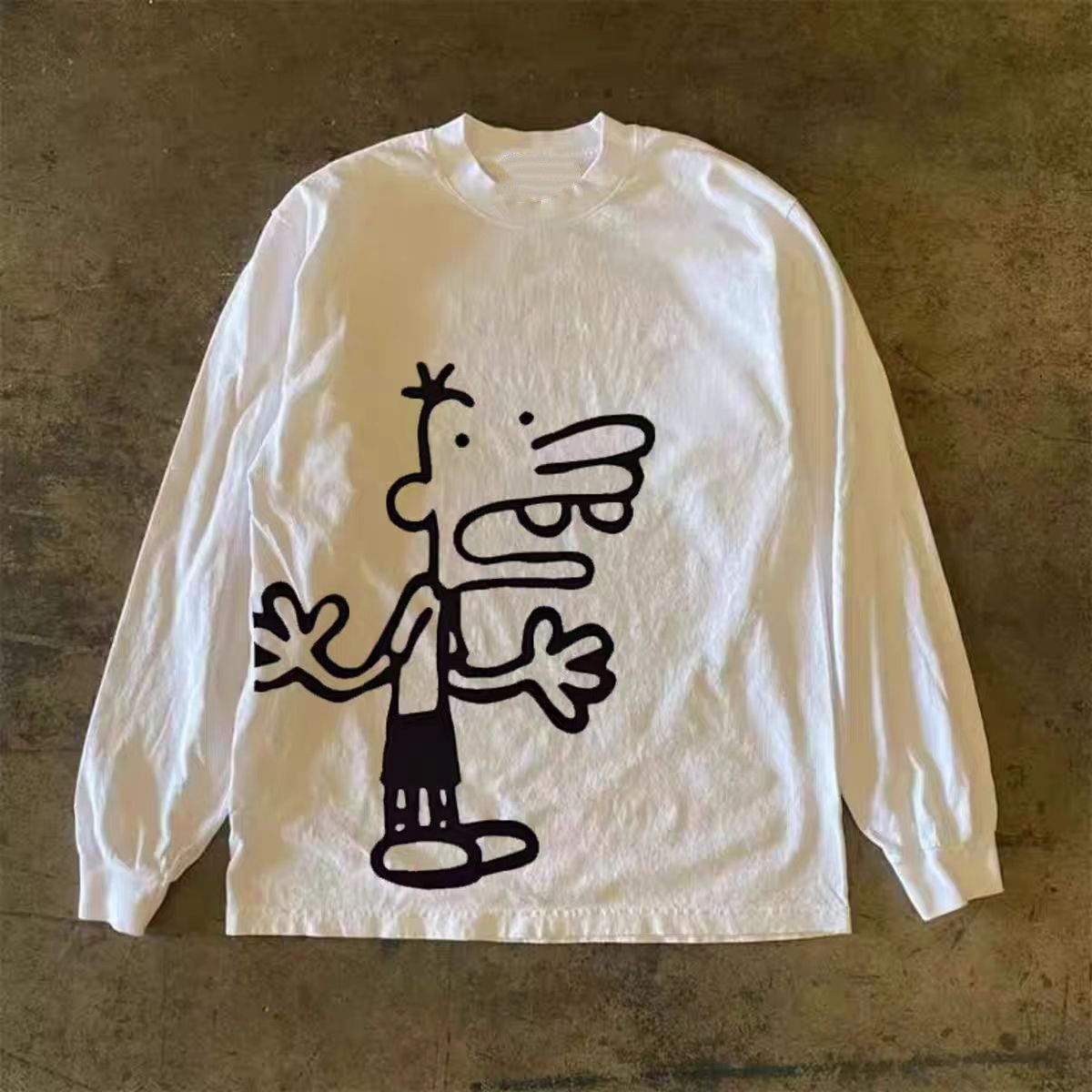 White washed retro cartoon print long-sleeved T-shirt