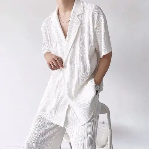 Japanese Brand Korean fashion white wave pleats short sleeve shirt jacket Size US M / EU 48-50 / 2 - 8 Thumbnail