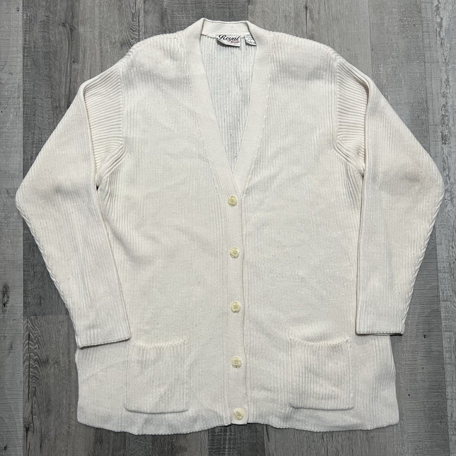Vintage VTG Royal Sport White Ribbed Knit 5 Button Cardigan Sweater Size L / US 10 / IT 46 - 1 Thumbnail