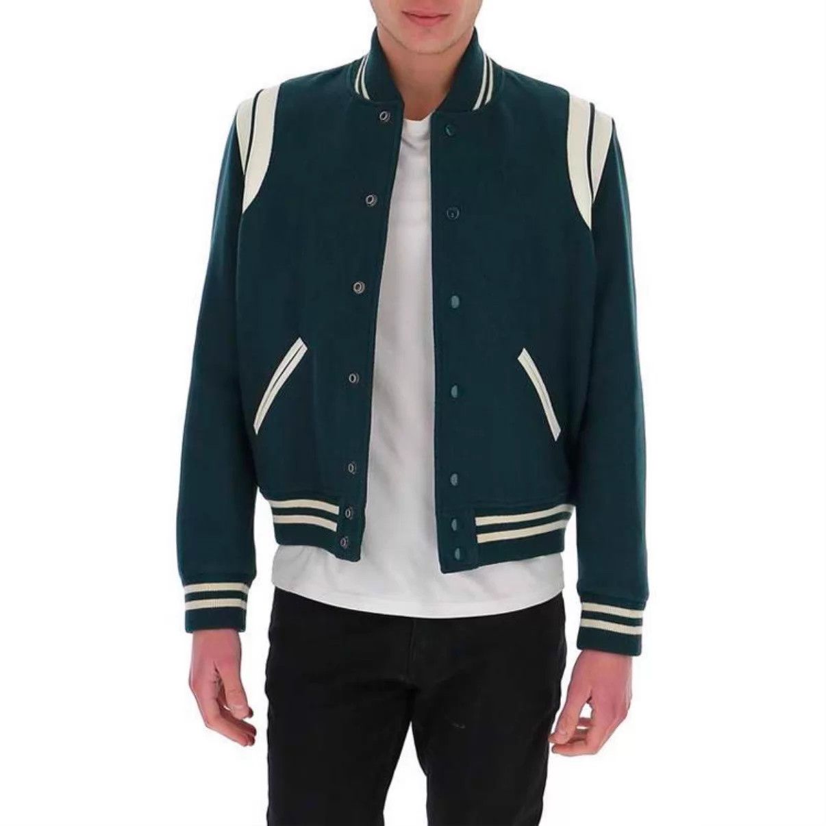 Saint Laurent Paris SLP Baseball Jacket Green Wool Leather 50 Size US M / EU 48-50 / 2 - 5 Thumbnail