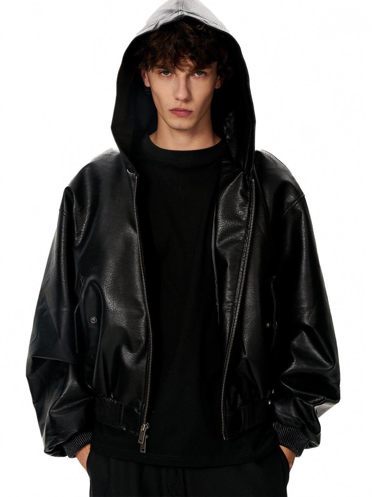 Japanese Brand Black Oversized Leather Hooded Jacket, Men's Outerwear Size US L / EU 52-54 / 3 - 4 Thumbnail