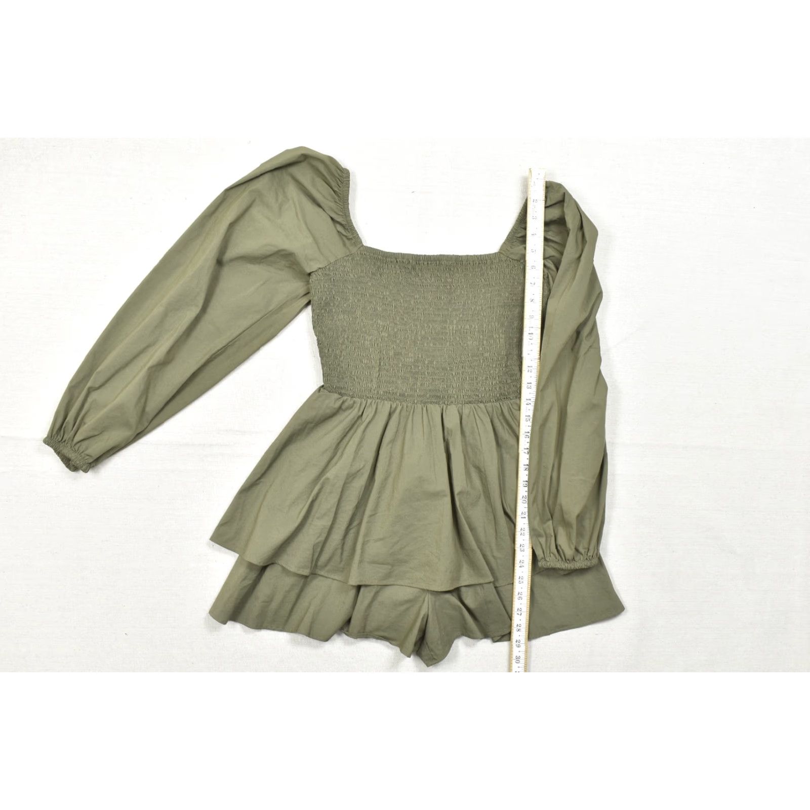 Express Express Shirt Womens M Olive Green Smocked Puff Sleeve Peplum Top Cotton Blend Size M / US 6-8 / IT 42-44 - 5 Thumbnail