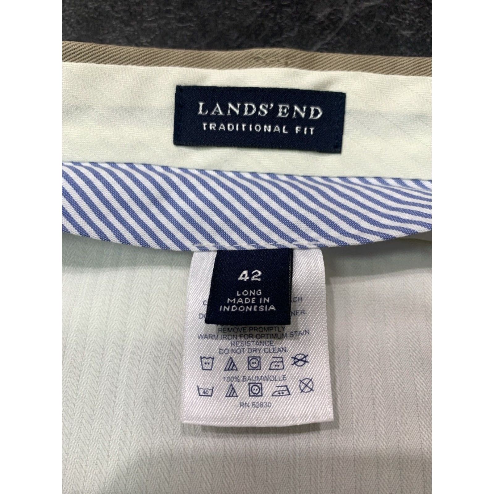 Lands' End Lands' End Men’s 42L Chino Pants Khaki Beige Pleated, Cuffed, Belted, Pockets, Straight Leg, 60% Cotton 40% Polyester, Machine Washable, Big & Tall Size US 42 / EU 58 - 4 Thumbnail
