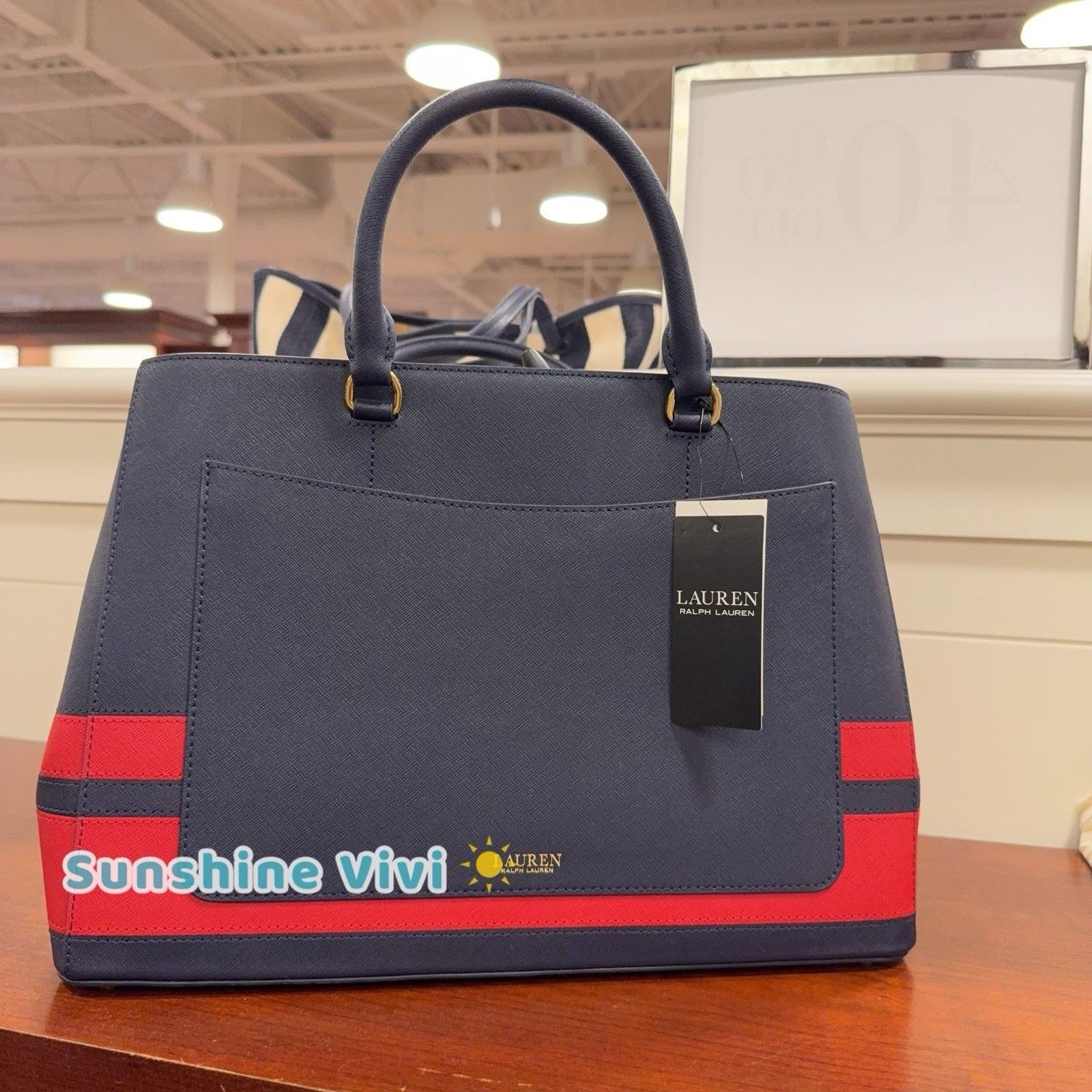 Polo Ralph Lauren NWT Ralph Lauren Crosshatch Large Hanna Satchel Stripe Navy Size ONE SIZE - 5 Thumbnail