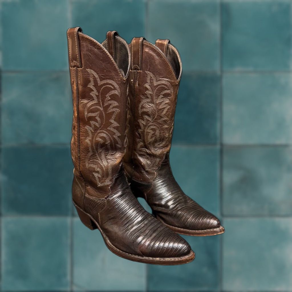 VINTAGE Justin Boots Mens 7B Brown Leather Western Cowboy Boots Flame Stitch Farm Rodeo