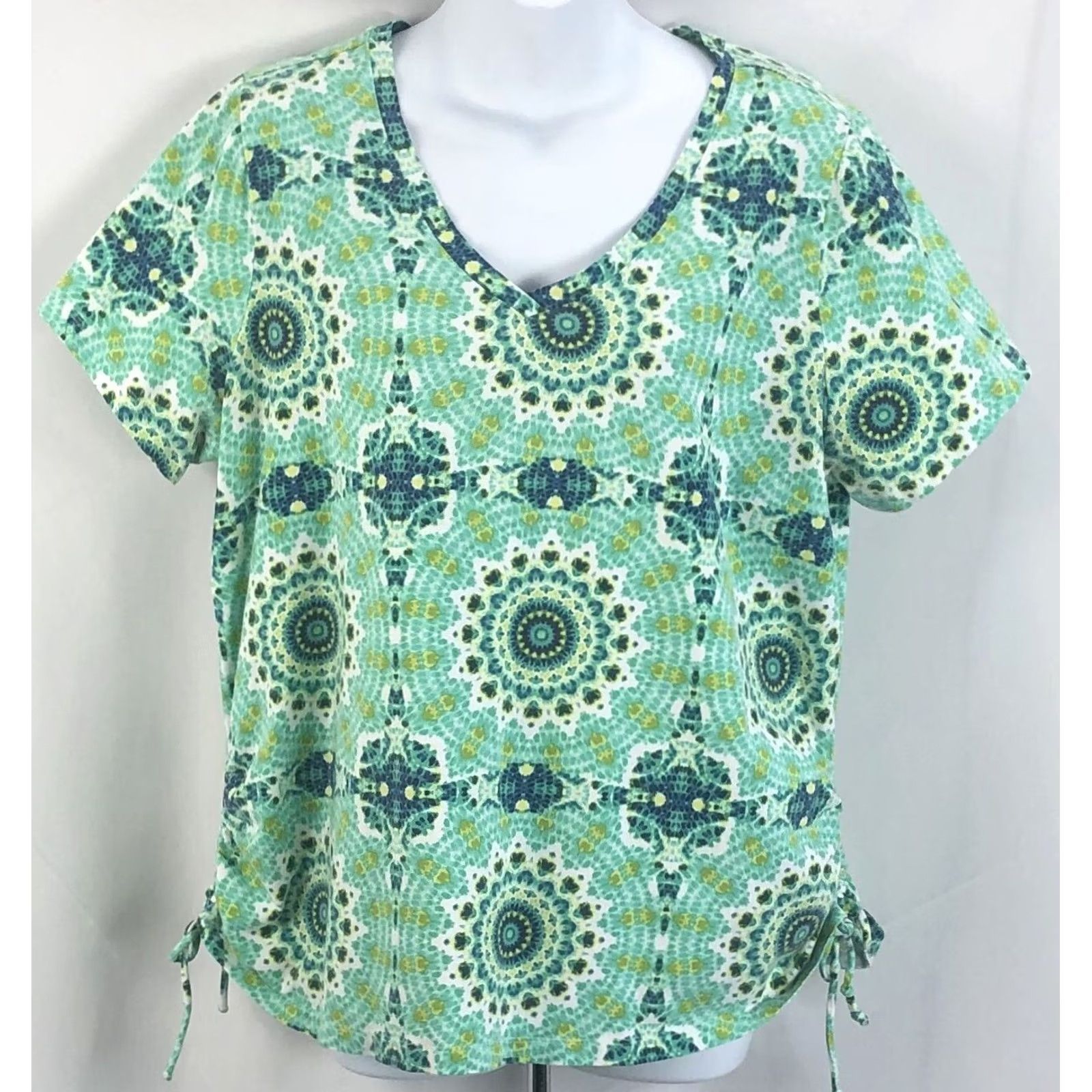 B Sides Caribbean Joe Top 1X Green V-Neck Tie Dye Geo Ruched Tie Sides Beach Hippie Boho Size XL / US 12-14 / IT 48-50 - 5 Thumbnail