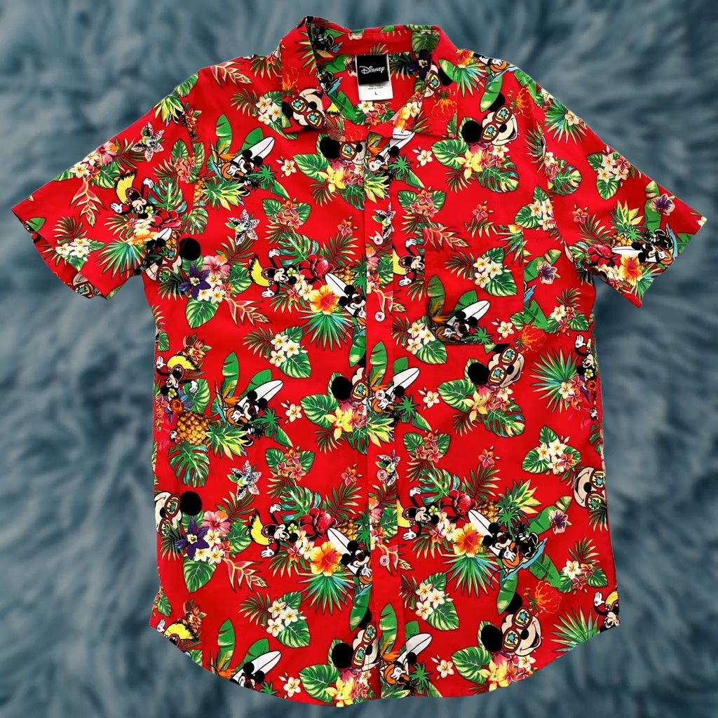 Disney VINTAGE Disney Hawaiian Shirt Shirt Men L Red Mickey Mouse Minnie Mouse Surfing Vacation Floral Pattern Hawaiian Theme 90s Size US L / EU 52-54 / 3 - 1 Thumbnail