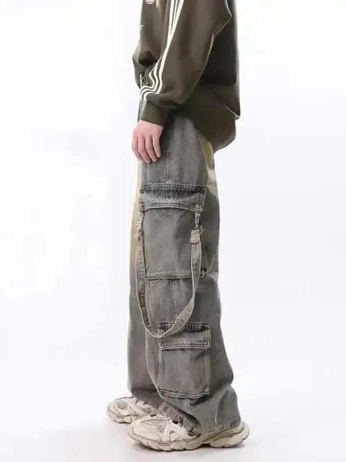 Jean Retro Yellow Mud-Dye Distressed Pocket Cargo Jeans Size US 32 / EU 48 - 3 Thumbnail