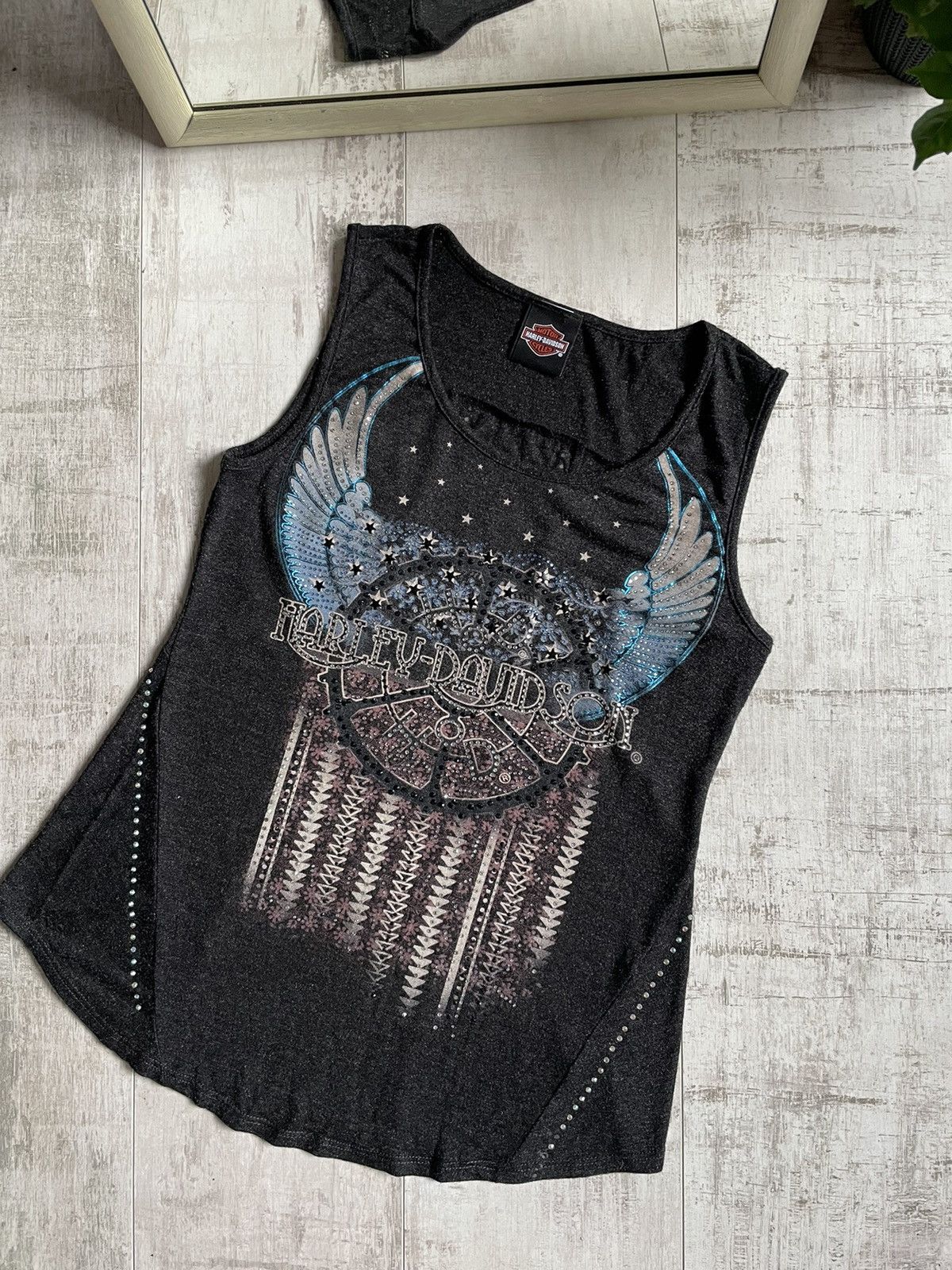 Harley Davidson × Vintage Harley Davidson Vintage Tank Tops Eagle USA Flag Rhinestones Size L / US 10 / IT 46 - 2 Thumbnail