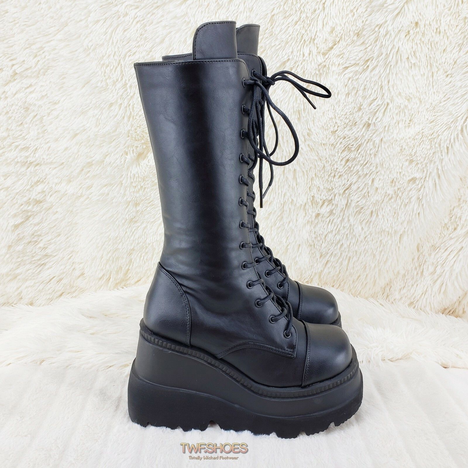 Other DEMONIA Shaker 72 Black Platform 4.5" Wedge Mid Calf Goth Pu Size US 11 / IT 41 - 6 Thumbnail