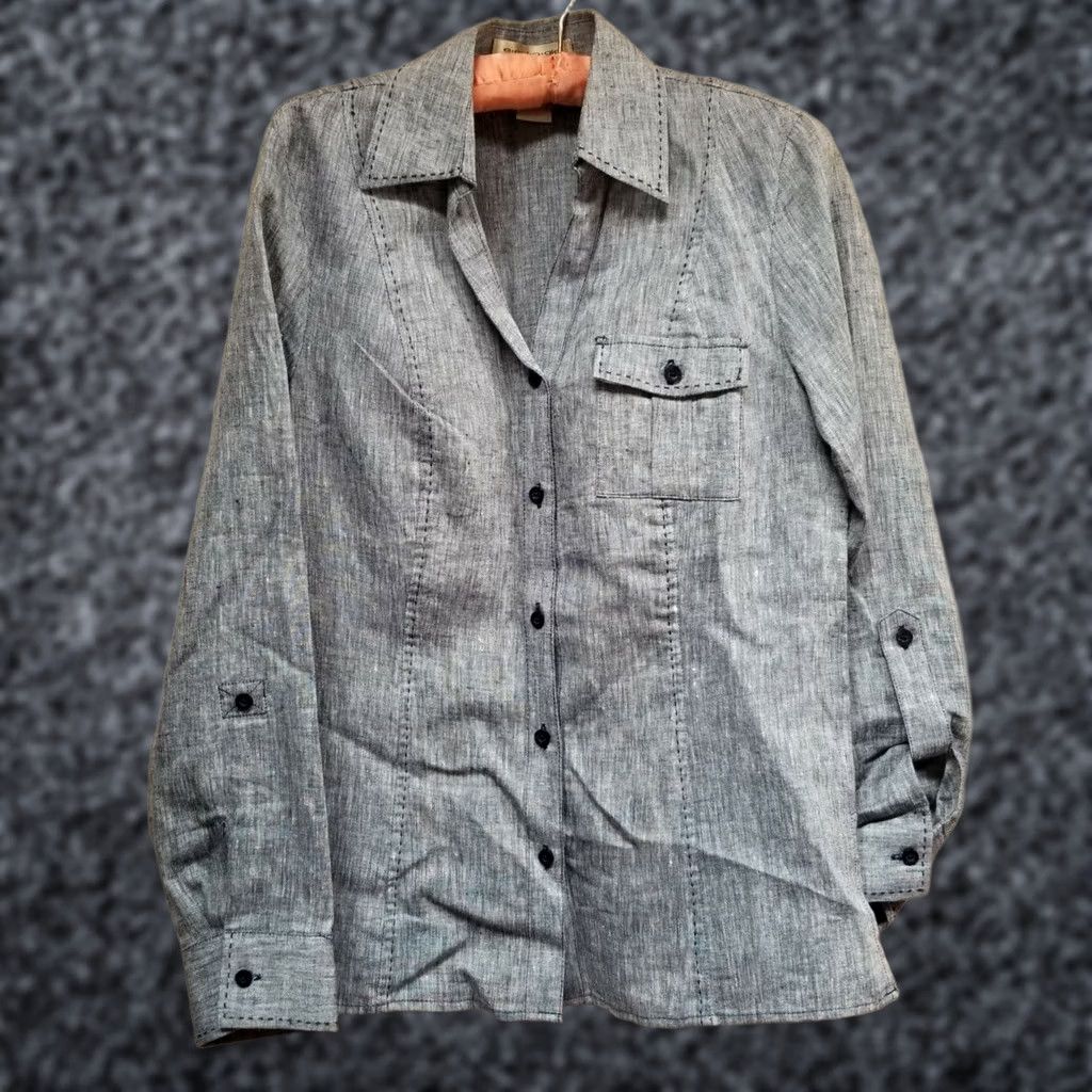 Vintage Ecologie Womens Button-Up Linen Shirt Roll-Tab Sleeve Blue XS/S Regular Women Shirt Size S / US 4 / IT 40 - 1 Thumbnail