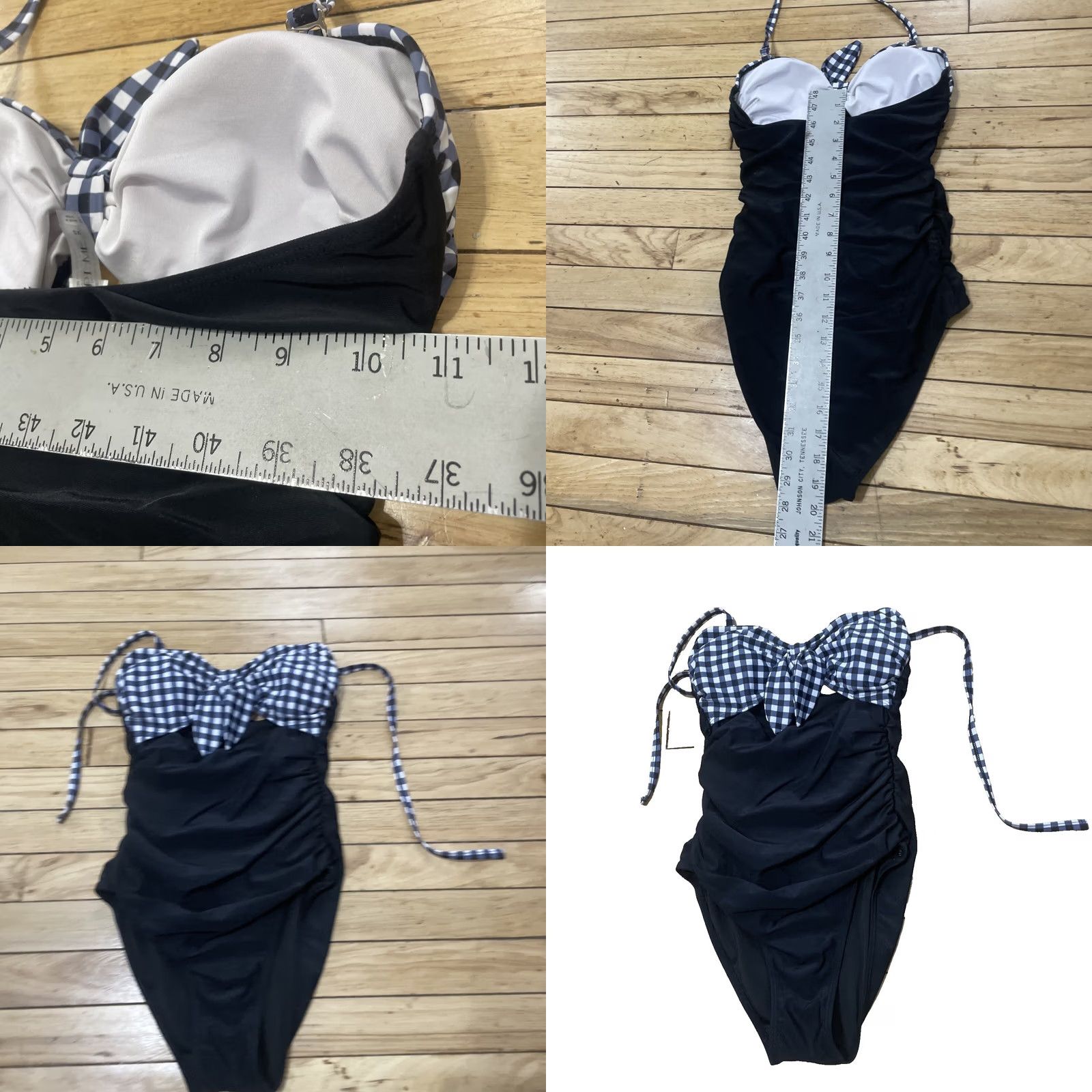 Vintage Tempt Me One Piece Swimsuit XS Blue Gingham Cutout Tie Front Detach Strap Black Back Padding Ruched Beach Classic Women Size ONE SIZE - 8 Thumbnail